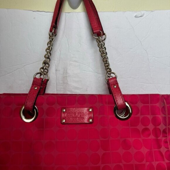Kate Spade Pink Jacquard Pink Canvas Chain Strap Tote Shoulder Bag Leather Print - Picture 3 of 16